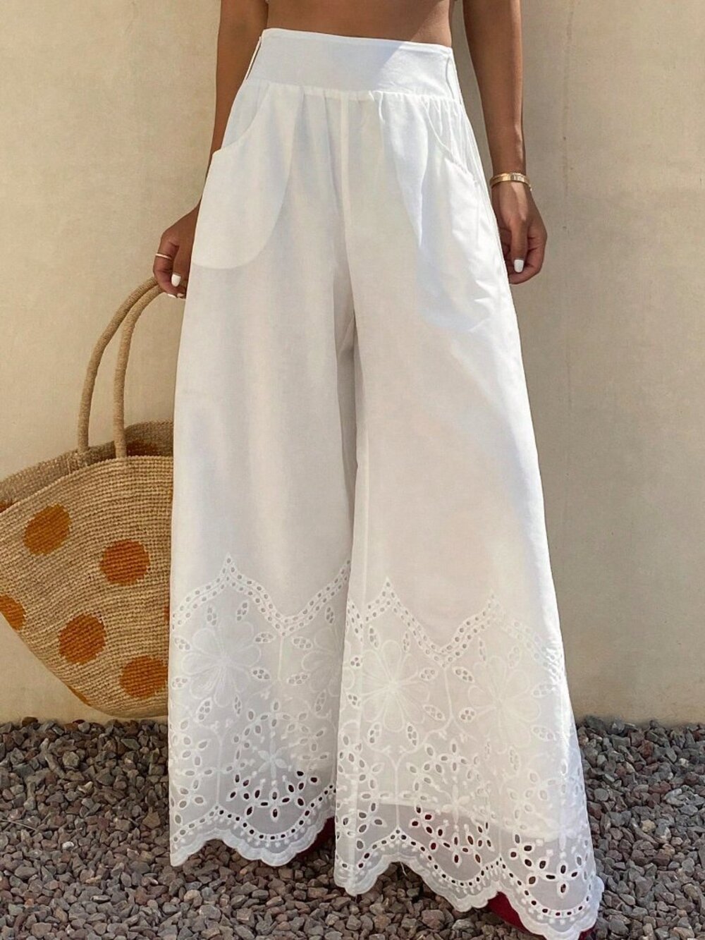 White Boho Women's High-Waist Loose Straight Wide Leg Linen Pants